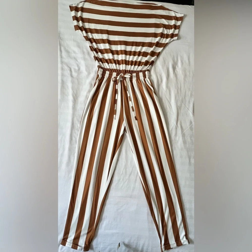 Striped Brown and White Jumpsuit - Picture 3 of 5